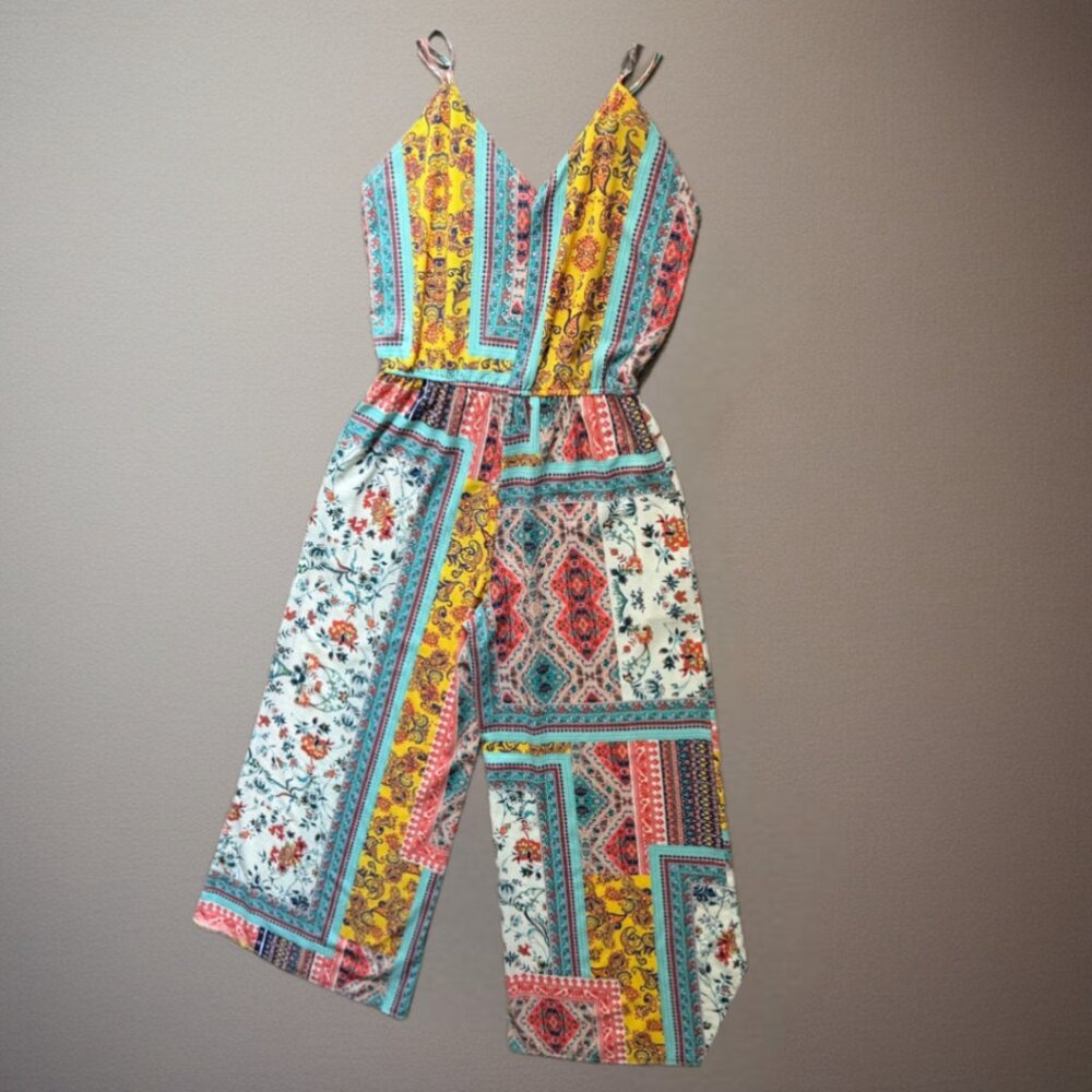 Umgee Boho Patchwork Wide Leg Jumpsuit Size Large Multicolor Festival Outfit - Picture 2 of 6